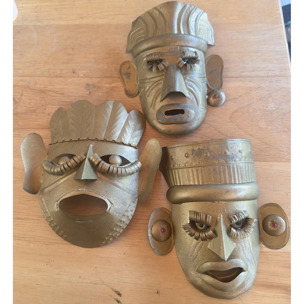 3 VNTG Mexican Tin Metal Masks Beaded Eyes Folk Art Primitive Style Tribal 6